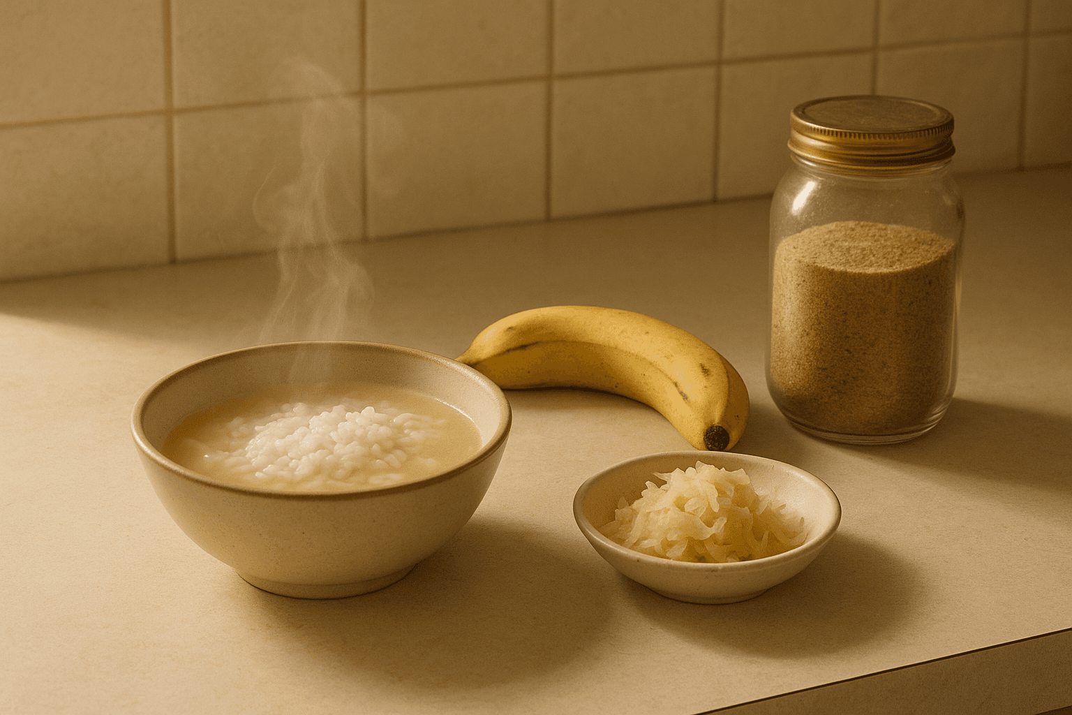 A simple kitchen counter scene with a steaming bowl of plain rice and broth, a small dish of sauerkraut, a ripe banana, and a jar of ground flaxseed arranged in warm morning light, everything plain an